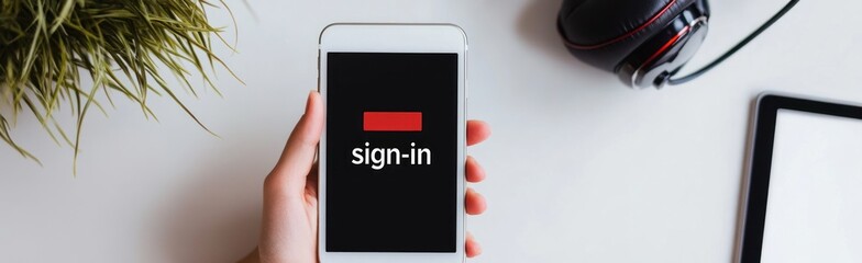 Poster - A person holding a smartphone displaying a sign-in screen with headphones and a tablet nearby.