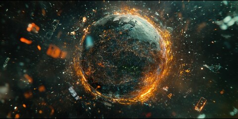 Poster - A digitally rendered planet engulfed in flames and debris, symbolizing destruction and chaos.