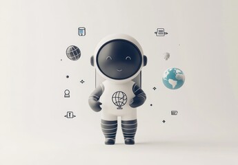 Poster - A cheerful astronaut character surrounded by icons representing global themes and technology.