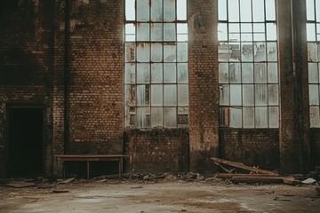 Poster - An abandoned industrial space with large windows and debris scattered on the floor.