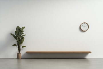 Aufkleber - A minimalist interior featuring a plant, shelf, and clock against a plain wall.