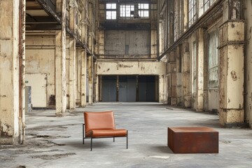 Aufkleber - An industrial space featuring a modern chair and a rusted table, showcasing minimalism.