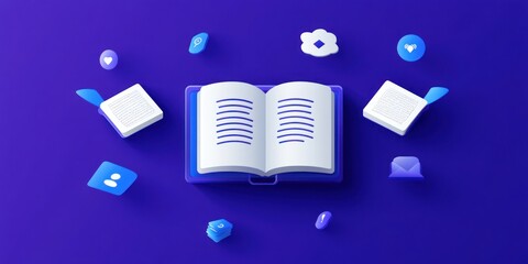 Poster - An open book surrounded by icons representing communication and information.