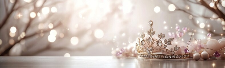 Poster - A delicate crown adorned with jewels, set against a softly lit background for a magical feel.