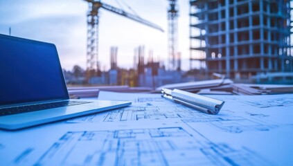 Aufkleber - A construction site with blueprints and a laptop, indicating project planning.