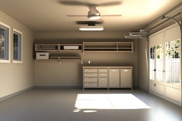 Poster - A clean, organized garage with shelving, storage cabinets, and a fan.