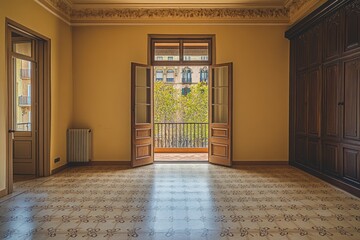 Poster - A spacious room with open doors, showcasing a view of greenery outside.