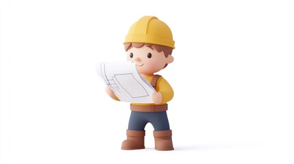 Poster - A cartoon construction worker examining blueprints with a hard hat and boots.