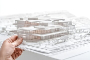 Poster - A hand holds a detailed architectural model of a modern building design.