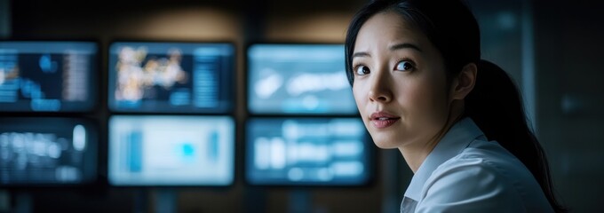 Poster - A focused professional in a dimly lit room with multiple screens displaying data.