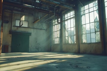 Poster - An abandoned industrial space with sunlight streaming through broken windows.