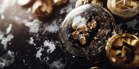 Poster - A close-up of digital coins representing cryptocurrency on a textured surface.