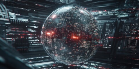 Aufkleber - A futuristic, spherical structure surrounded by a digital network, suggesting advanced technology.