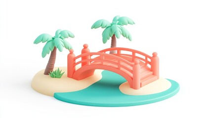 Poster - A colorful 3D model of a bridge surrounded by palm trees and water, evoking a tropical scene.