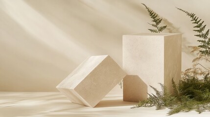 Poster - A minimalist arrangement of geometric shapes with ferns on a soft background.