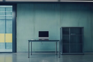 Aufkleber - Minimalist office space featuring a computer and a glass cabinet.