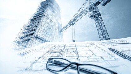 Aufkleber - Construction site with blueprints and glasses, showcasing architectural planning.