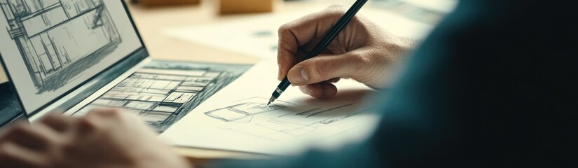 Aufkleber - A person sketches architectural designs using a laptop and paper.