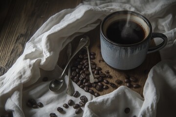 Poster - A steaming cup of coffee surrounded by beans and silver spoons on a textured cloth.