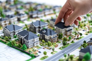 Poster - A hand adjusting miniature houses on a detailed architectural model of a neighborhood.