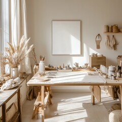 Aufkleber - A bright, organized creative workspace with natural decor and art supplies.