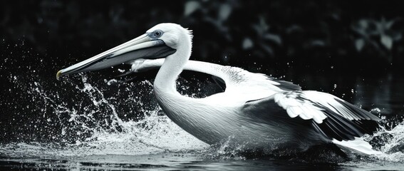 Poster - A pelican splashes through water while taking flight, showcasing its elegant wings and beak.