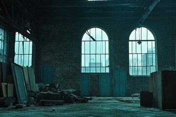 Aufkleber - Abandoned industrial space with large windows and scattered debris.
