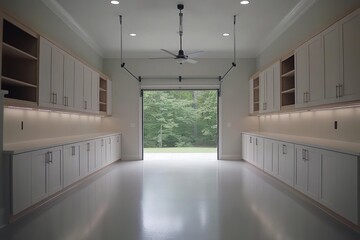 Poster - Spacious garage with cabinetry and a large opening to a green view outside.