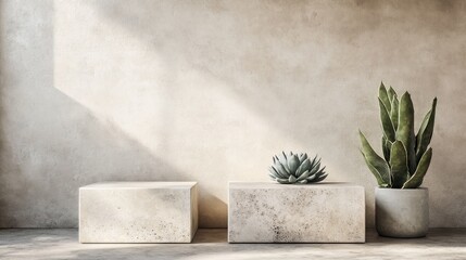 Poster - Minimalist interior featuring concrete planters and succulents on a textured wall backdrop.