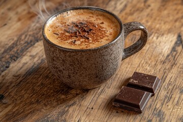 Poster - A steaming cup of coffee with chocolate pieces on a wooden surface.