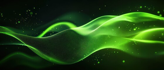 Poster - Abstract green wave design with smooth flowing lines and glowing particles.