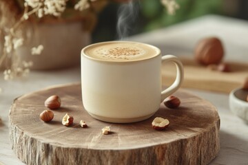 Poster - A steaming cup of coffee on a wooden surface, surrounded by hazelnuts.