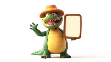 Poster - A cheerful cartoon crocodile wearing a hat, holding a blank sign.