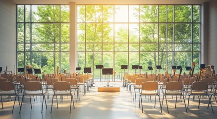 Aufkleber - A spacious concert hall with chairs and music stands, bathed in natural light from large windows.
