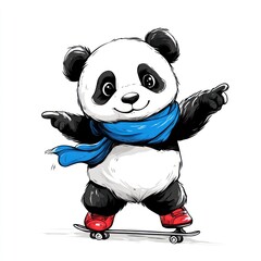 Poster - A cartoon panda skateboarding with a blue scarf and red shoes, exuding fun and playfulness.