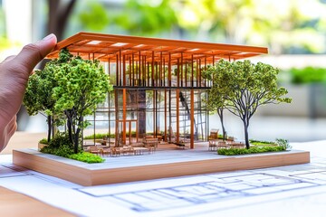 Poster - A detailed architectural model showcasing a modern building surrounded by trees and greenery.