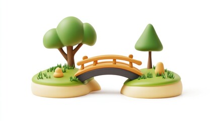 Poster - A whimsical 3D scene featuring a bridge, trees, and grassy islands.