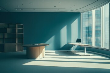 Aufkleber - A modern office space with large windows, minimal furniture, and soft lighting.