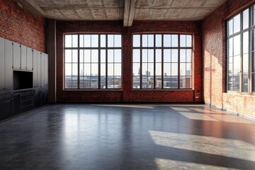Poster - Spacious industrial loft with large windows and exposed brick walls.