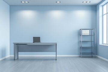 Aufkleber - A minimalist office space featuring a desk, computer, and shelving unit in a blue room.