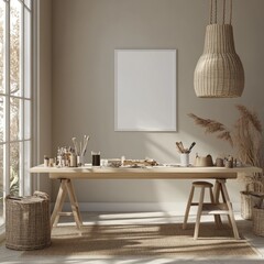 Poster - A minimalist art studio with natural light, featuring a wooden table and creative supplies.
