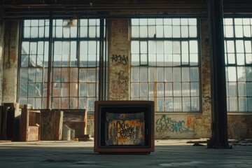 Poster - An abandoned space featuring a graffiti-covered television set amidst large windows.