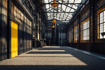 Leinwandbilder - A spacious industrial interior with large windows and yellow accents.