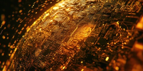 Fototapete - A close-up of a futuristic, golden circuit-like structure resembling a digital globe.