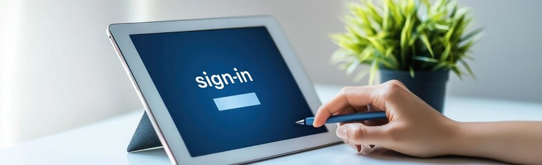 Fototapete - A tablet displaying a sign-in screen with a hand holding a stylus.