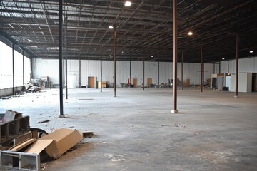 Poster - An empty industrial space with concrete flooring and metal support beams.