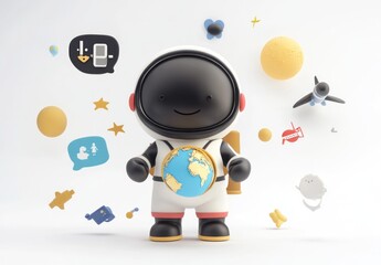 Aufkleber - Cute astronaut figure with a globe, surrounded by playful space-themed icons.