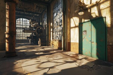 Poster - An industrial interior with large windows, machinery, and a weathered door.