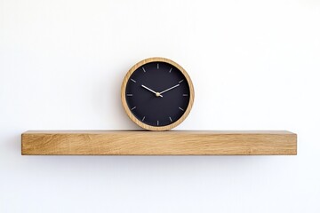 Aufkleber - A minimalist wooden shelf with a round black clock displayed against a white wall.