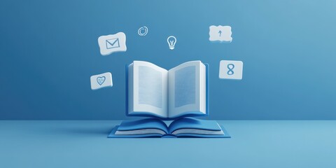 Poster - An open book with floating icons representing communication and ideas.